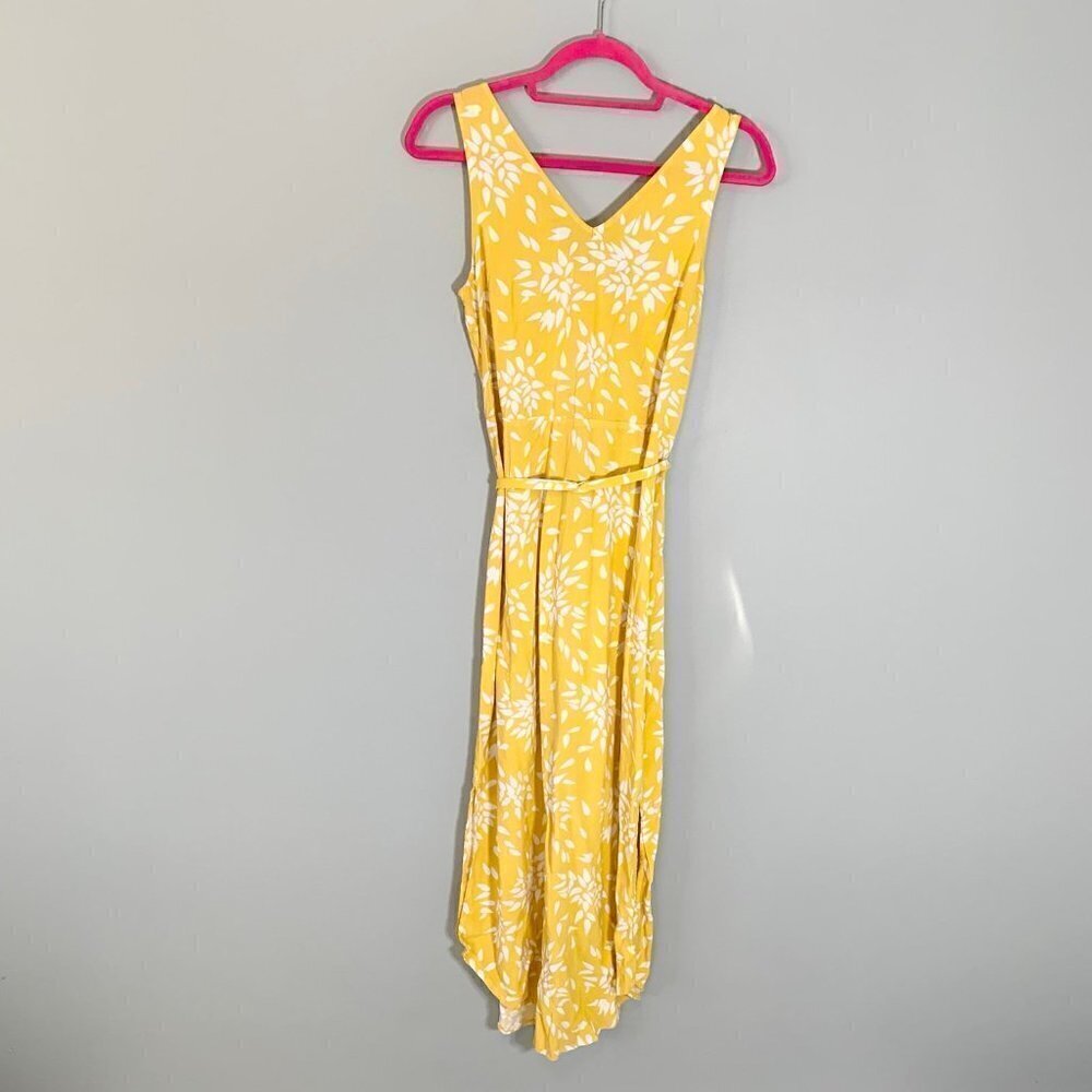 5/$25 A New Day Midi Dress Womens Sm Yellow White Leaf Print Sleeveless V-Neck